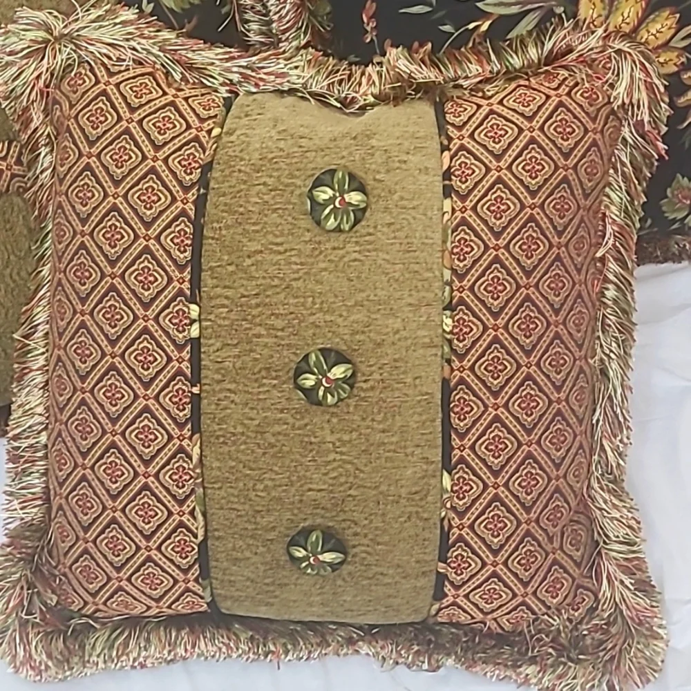 3 Matching Accent Throw Pillows Fringed Black w Floral Print 17
